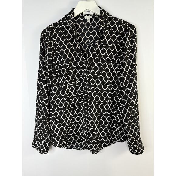 Express Portofino Top Womens Sz S Quatrefoil Black White Chiffon Office Career - Picture 1 of 8